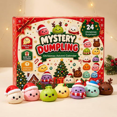 Mystery Dumpling Christmas advent calendar box with seven mini dumpling squishies in Santa hats, antlers and scarves